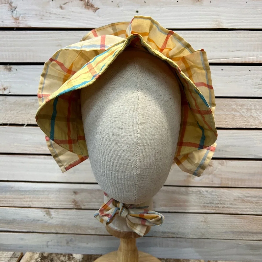 Vintage Plaid Prairie Sun Bonnet Yellow Cotton Ruffle Brim Tie Back Cottagecore